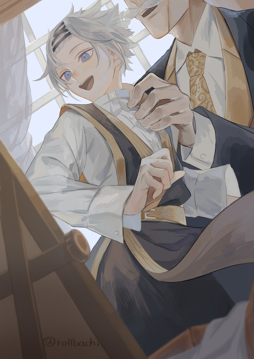 2boys, black_vest, blue_eyes, commentary_request, curtains, facial_hair, hair_tie, highres
