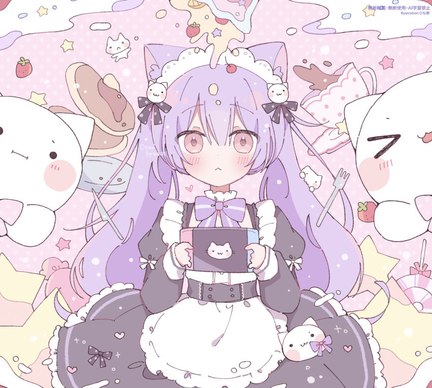 1girl, :<, animal_ears, apron, black_dress, blush, bow, bowtie