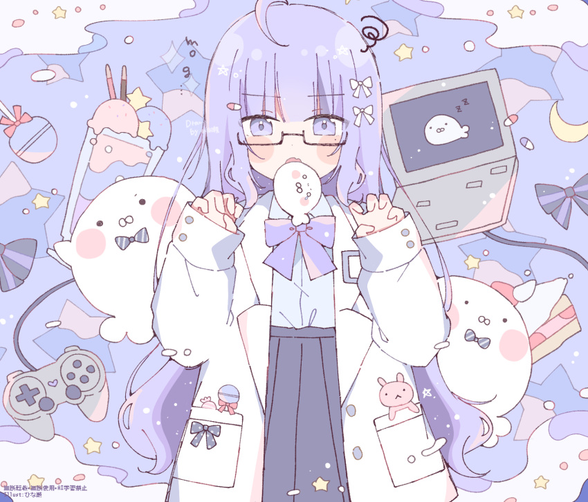 1girl, ahoge, blue_background, blunt_bangs, blush_stickers, bow, bowtie, claw_pose