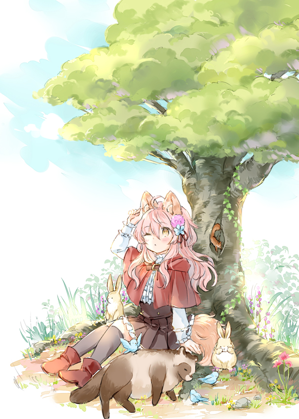 1girl, ;o, ahoge, animal, animal_ear_fluff, animal_ears, arm_up, bird