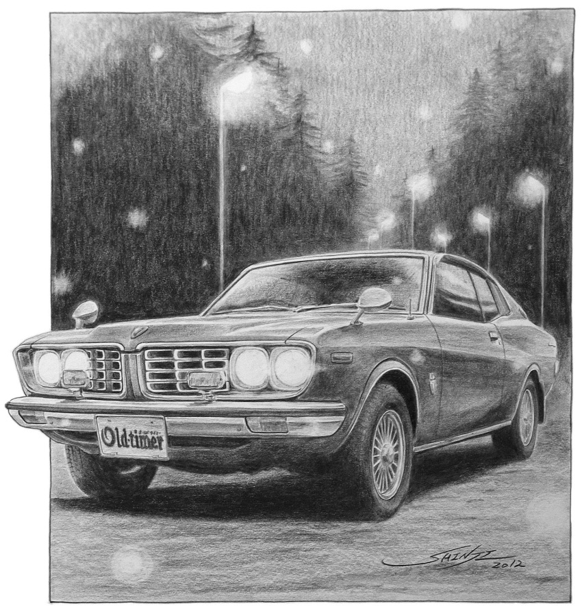 car, commentary_request, dated, graphite_(medium), greyscale, highres, lamppost, license_plate
