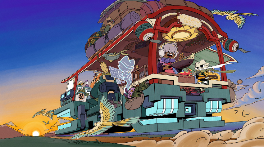 abacus_(nine_sols), absurdres, bird, child, commentary, cooking, dark-skinned_male, dark_skin, driving, flying_car, furry, furry_male, gradient_sky, grey_hair, hair_over_eyes, highres, hologram, hover_vehicle, kuafu_(nine_sols), mountainous_horizon, nine_sols, ocean, official_art, official_wallpaper, outdoors, rice, shuanshuan_(nine_sols), sitting, sky, smile, sunset, yi_(nine_sols)