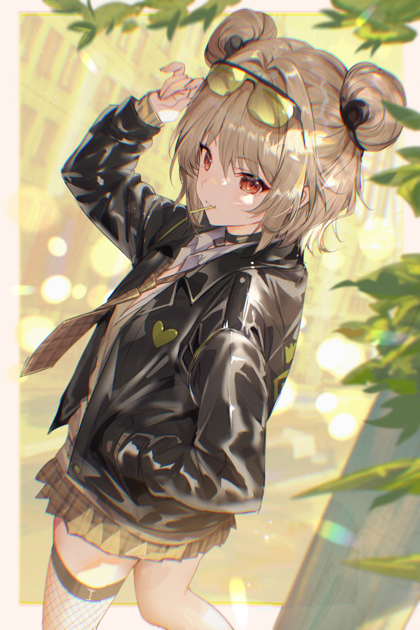 1girl, absurdres, arm_up, black_jacket, brown_hair, brown_necktie, brown_skirt, character_request, collared_shirt, commentary_request, double_bun, dress_shirt, eyewear_on_head, fishnet_thighhighs, fishnets, girls'_frontline_2:_exilium, girls_frontline, hair_bun, hand_in_pocket, heart, highres, jacket, long_sleeves, mityl_(girls'_frontline_2), necktie, open_clothes, open_jacket, p90_(girls'_frontline), plaid_clothes, plaid_necktie, plaid_skirt, pleated_skirt, puffy_long_sleeves, puffy_sleeves, red_eyes, shanguier, shirt, single_thighhigh, skirt, solo, thigh-highs, white_shirt