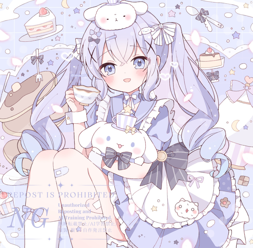1girl, :d, animal, animal_on_head, apron, bandaid, bandaid_on_knee, bandaid_on_leg