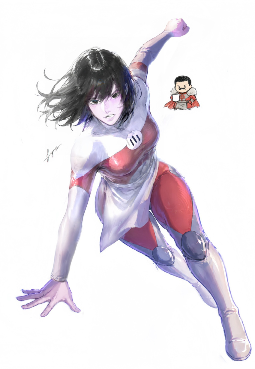 1boy, 1girl, arm_up, black_eyes, black_hair, bodysuit, boots, breasts, chibi, chibi_inset, clenched_teeth, colored_skin, commentary, dynamic_pose, english_commentary, father_and_child, father_and_daughter, full_body, hdhdjdjhd89007, highres, invincible_(series), long_sleeves, looking_at_viewer, medium_breasts, medium_hair, multicolored_bodysuit, parent_and_child, pink_skin, red_bodysuit, signature, simple_background, solo_focus, swept_bangs, teeth, thragg_(invincible), two-tone_bodysuit, ursaal_(invincible), viltrumite, white_background, white_bodysuit, white_boots