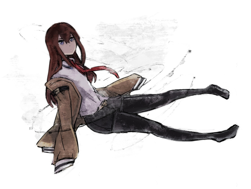 brown_hair, leggings, legwear_under_shorts, long_hair, long_sleeves, makise_kurisu, meso_(makichu), necktie