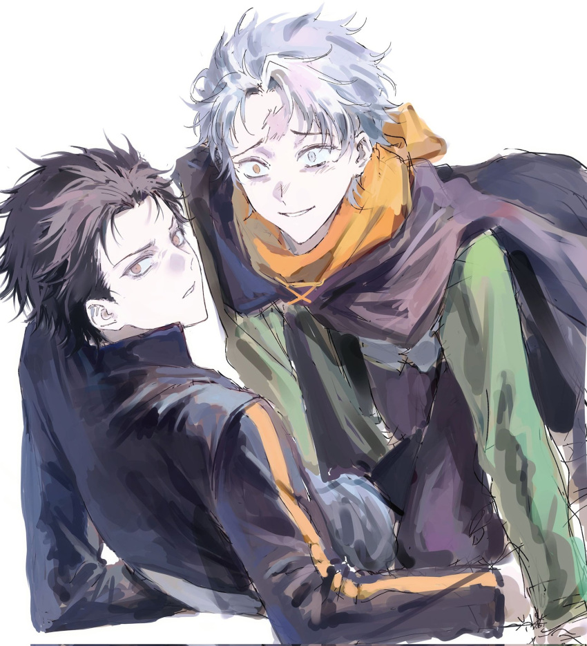 1boy, black_cloak, black_hair, blind, cloak, commentary, hair_slicked_back, heterochromia