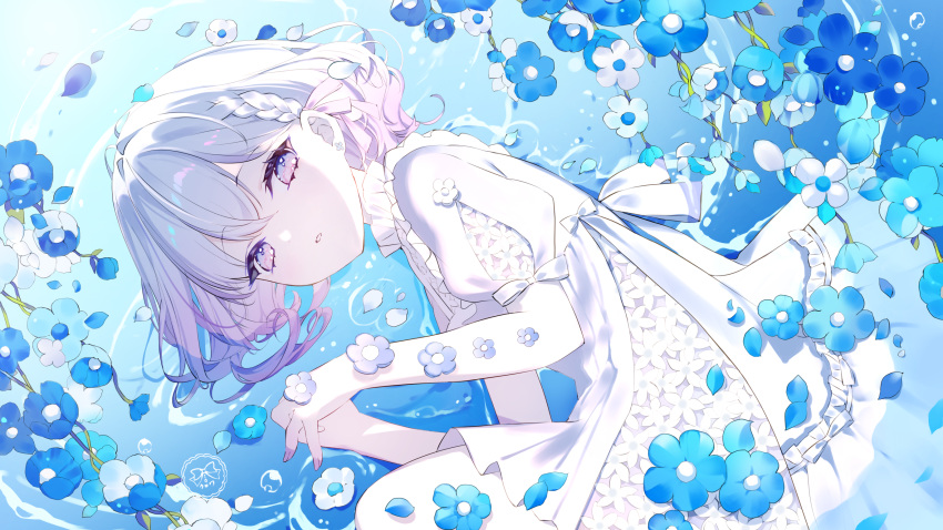 1girl, blue_flower, bow, commentary_request, commission, cowboy_shot, croix_(croixtw), double-parted_bangs