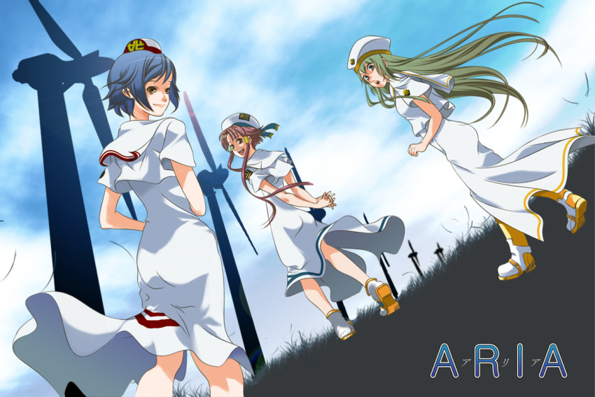 aika_s_granzchesta, alice_carroll, aria, blue_hair, brown_eyes, green_eyes, green_hair, hat, long_hair, mizunashi_akari, sasami_(artist), short_hair, sky, smile, twintails, windmill