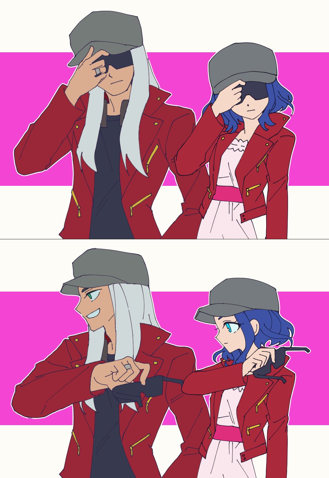 1boy, 1girl, baseball_cap, black_shirt, blue_hair, commentary_request, dark-skinned_male, dark_skin