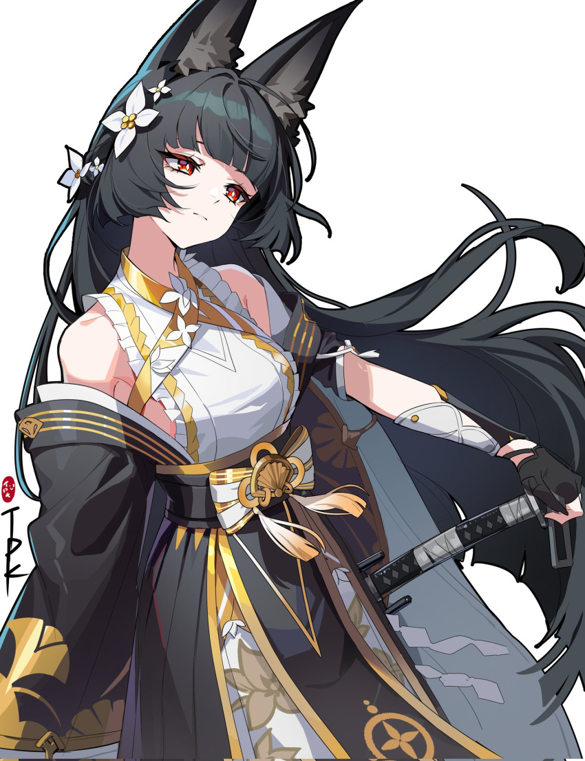 1girl, animal_ears, black_gloves, fingerless_gloves, flower, fox_ears, fox_girl, gloves