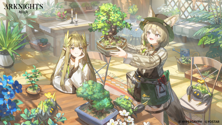2girls, animal_ear_fluff, apron, arknights, beanstalk_(arknights), blue_flower, bonsai, braid