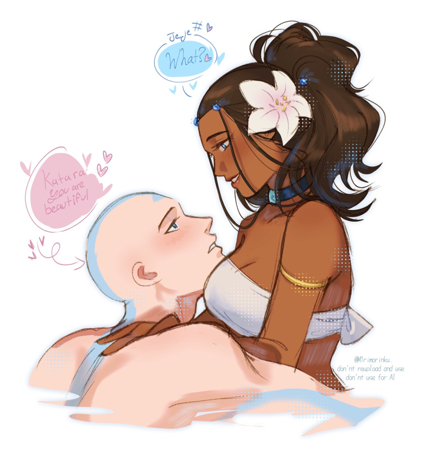 1boy, 1girl, aang, arrow_(symbol), arrow_tattoo, avatar:_aang_the_last_airbender, avatar:_the_last_airbender, avatar_legends