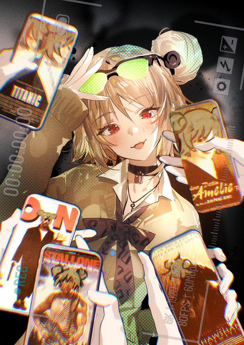 1girl, absurdres, brown_hair, brown_necktie, chinese_commentary, collared_shirt, commentary_request, double_bun, dress_shirt, eyewear_on_head, girls'_frontline_2:_exilium, girls_frontline, hair_bun, highres, jacket, jewelry, long_sleeves, mityl_(girls'_frontline_2), necklace, necktie, open_clothes, open_jacket, open_mouth, p90_(girls'_frontline), plaid_clothes, plaid_necktie, red_eyes, shirt, zishengtian123