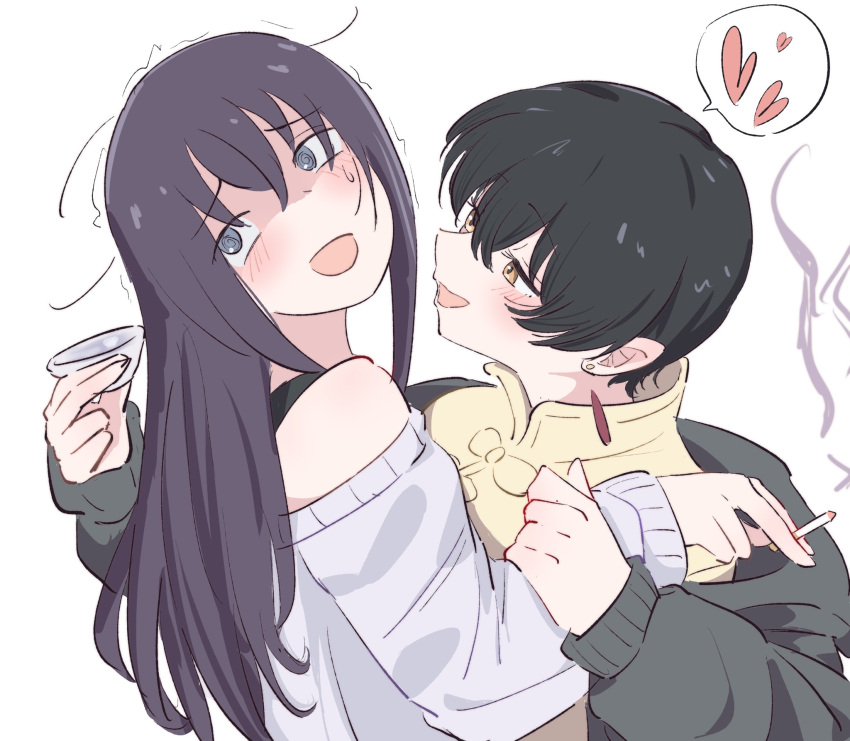 2girls, @_@, black_hair, brown_eyes, chang_chin-lan, choko_(cup), cigarette, commentary