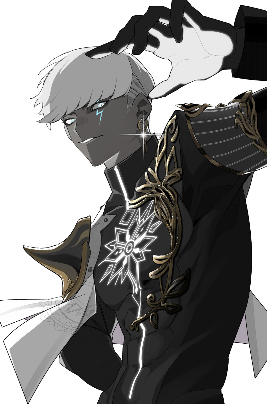 1boy, abs, absurdres, arm_up, black_gloves, commentary, earrings, fate/grand_order