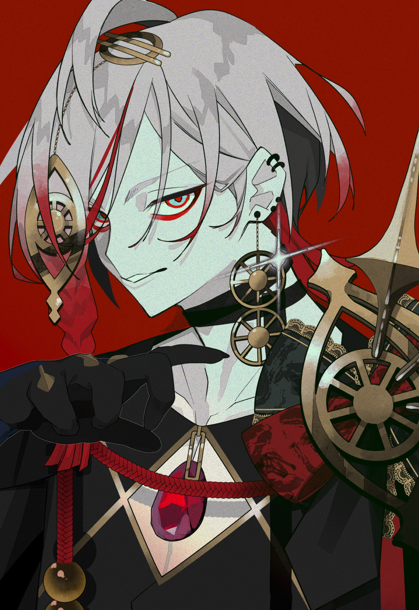 1boy, black_choker, braid, choker, collarbone, commentary, ear_piercing, earrings