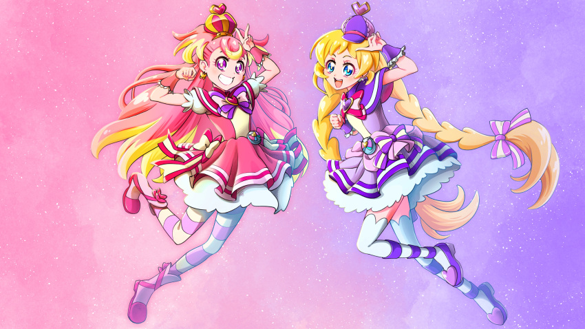 2girls, :d, arched_crown, arms_up, blonde_hair, blue_eyes, blush, boots, bow, bow_earrings, braid, bright_pupils, brooch, butterfly_earrings, capelet, chest_bow, clenched_hand, colored_tips, commentary, crown, cure_friendy, cure_wonderful, deerstalker, doraemon12012, dress, dress_bow, earrings, frilled_wrist_cuffs, frills, full_body, glitter, gradient_background, grin, hair_bow, hat, heart, heart_brooch, highres, index_finger_raised, inukai_iroha, inukai_komugi, jewelry, knee_up, layered_dress, leg_up, long_hair, looking_at_viewer, low-tied_long_hair, low_twin_braids, magical_girl, medium_dress, mini_crown, mini_hat, multicolored_bow, multicolored_hair, multicolored_pantyhose, multiple_girls, open_mouth, pact_holder, pantyhose, petticoat, pink_background, pink_boots, pink_bow, pink_capelet, pink_crown, pink_dress, pink_hair, pink_pantyhose, pink_wrist_cuffs, pleated_dress, pouch, precure, puffy_short_sleeves, puffy_sleeves, purple_background, purple_bow, purple_capelet, purple_dress, purple_hat, purple_shoes, purple_wrist_cuffs, shoes, short_sleeves, side-by-side, single_paw_pose, sleeveless, sleeveless_dress, smile, striped_bow, striped_clothes, striped_pantyhose, teeth, thick_eyebrows, thigh-highs, tilted_headwear, twin_braids, two-tone_background, two-tone_hair, two-tone_pantyhose, two_side_up, upper_teeth_only, v, very_long_hair, violet_eyes, white_thighhighs, wonderful_precure!, wrist_cuffs, yellow_pantyhose, yellow_pupils
