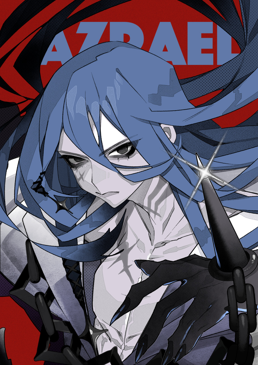 1boy, absurdres, azrael_(grand_assassin)_(fate), black_eyes, blue_hair, chain, character_name, closed_mouth