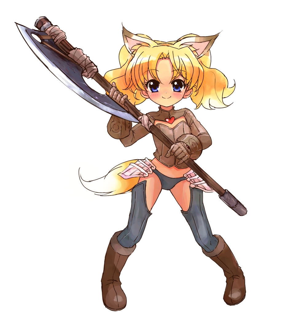 armor, axe, bardiche, blonde_hair, blue_eyes, cat_ears, cosplay, elin_(tera), elin_(tera)_(cosplay), gauntlets, gloves, jewelpet_(series), jewelpet_tinkle, long_hair, miria_marigold_mackenzie, nyama, solo, tera_online, thighhighs, twintails, warrior, weapon