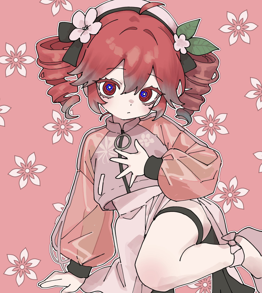 1girl, ahoge, double-parted_bangs, drill_hair, floral_background, floral_print, flower_hairband, hair_between_eyes