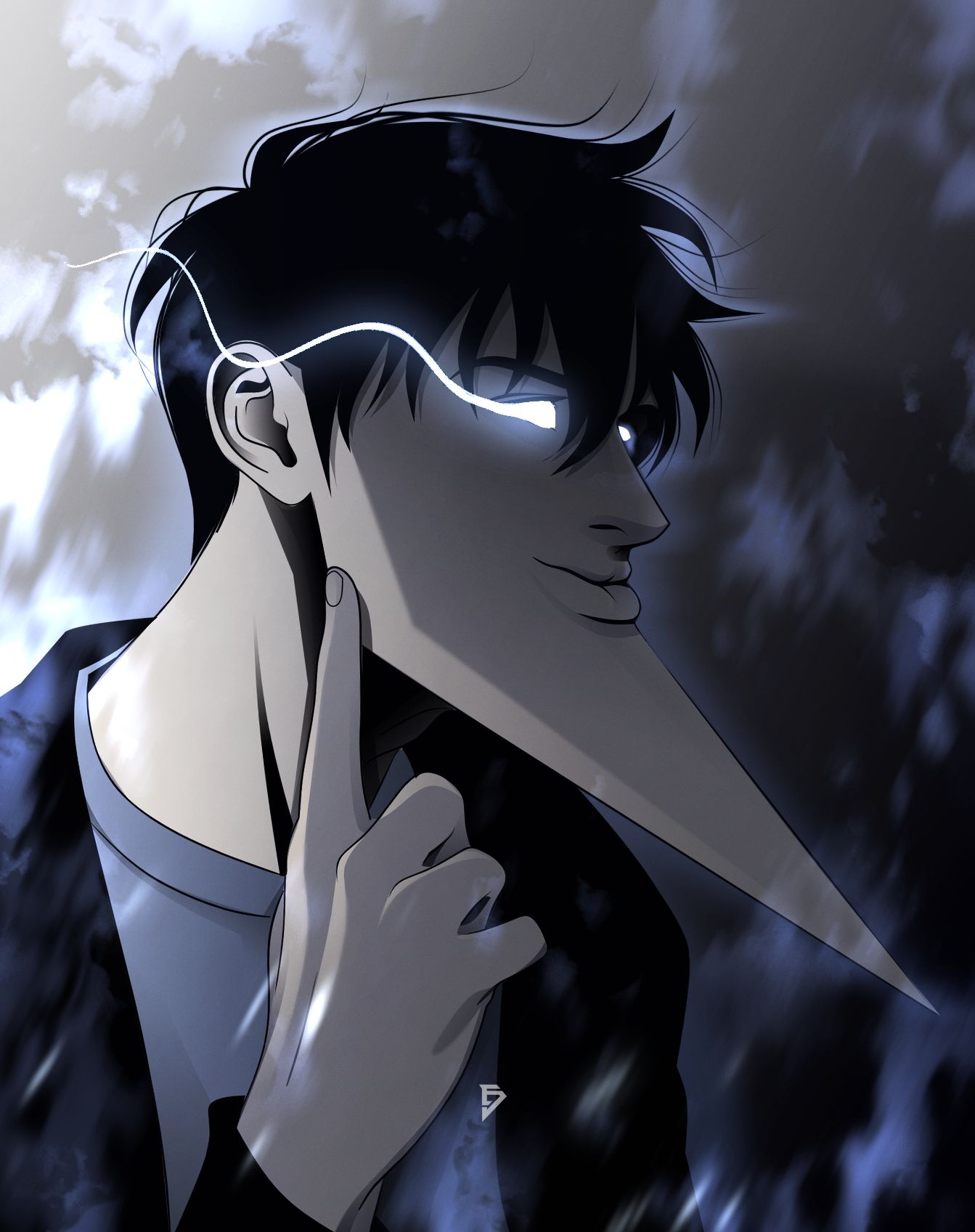 1boy, abstract_background, anatomical_nonsense, aura, black_hair, collared_shirt, comically_sharp_chin, edraw_(alien.301), english_commentary, finger_to_own_chin, gauntlets, glowing, glowing_eyes, highres, index_finger_raised, looking_ahead, meme, mewing_(meme), parody, parted_lips, pointy_chin, shirt, short_hair, smile, solo, solo_leveling, sung_jin-woo, upper_body, watermark