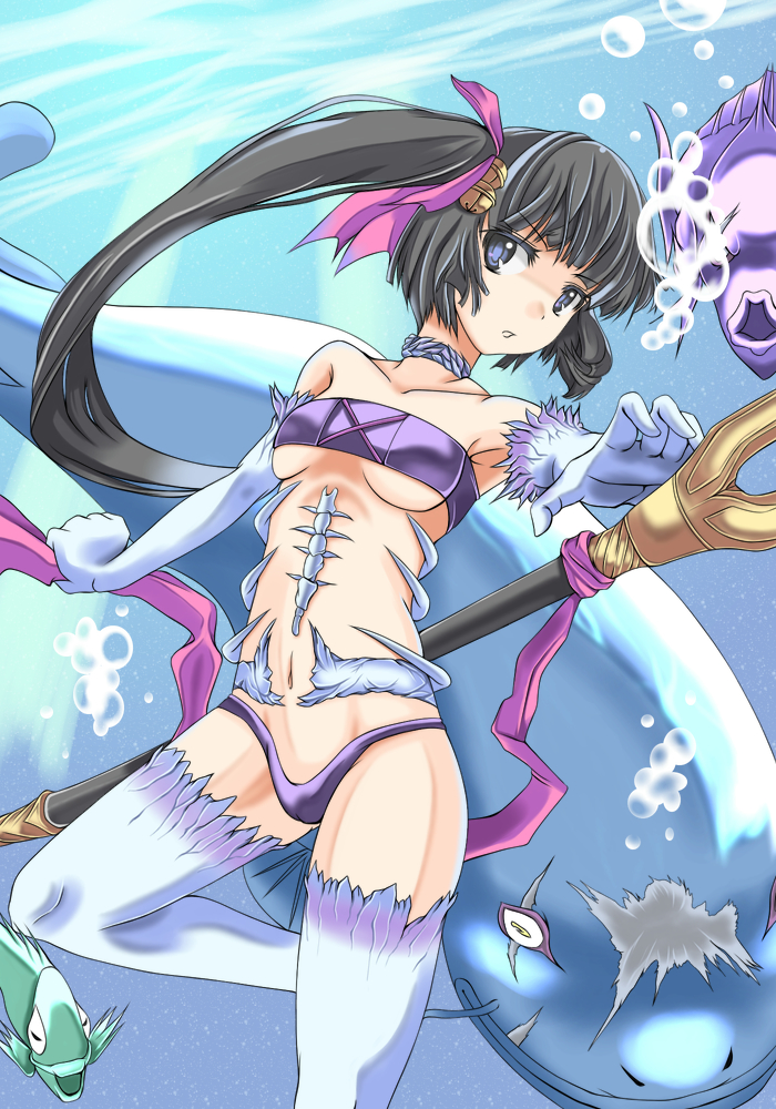 armpits, bare_shoulders, bell, black_hair, blue_eyes, breasts, choker, collarbone, fish, gloves, midriff, navel, open_mouth, original, side_ponytail, solo, staff, submerged, t_shatsu, tubetop, under_boob, underboob, underwater, white_legwear