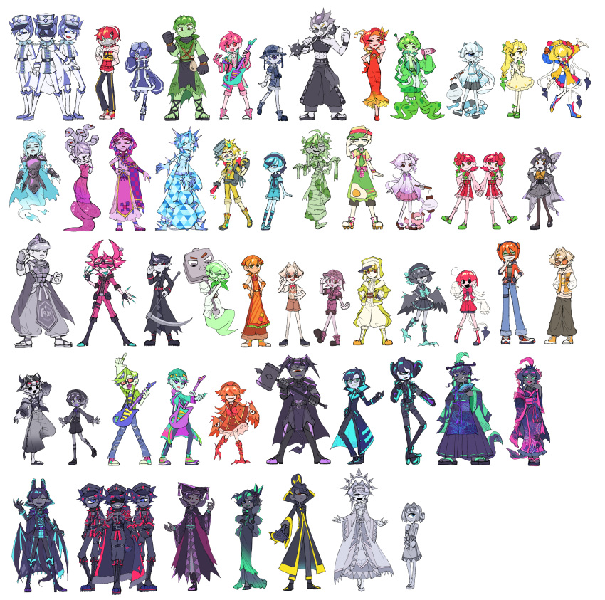 6+boys, 6+girls, abs, absurdres, ahoge, angry_queen_(miitopia), animal_ears, antennae, apron, aqua_eyes, aqua_hair, aqua_shoes, aqua_shorts, aqua_skin, arm_up, armor, baggy_pants, bandages, bandaid, bandaid_on_face, bandaid_on_nose, black-framed_eyewear, black_boots, black_butterfly_(miitopia), black_eyes, black_gloves, black_hair, black_harpy_(miitopia), black_pants, black_sandals, black_sclera, black_shorts, black_snurp_(miitopia), blonde_hair, bloon_(miitopia), bloon_loon_loon_(miitopia), blue_boots, blue_eyes, blue_hair, blue_hat, blue_pants, blue_shorts, blue_skin, blush, blush_stickers, bomb, boots, bow, bowtie, brand-new_robot_(miitopia), brown-framed_eyewear, brown_eyes, brown_shorts, calamitous_armor_(miitopia), calc_king_(miitopia), cape, claws, clenched_hands, clever_running_nose_(miitopia), closed_mouth, colored_sclera, colored_skin, commentary_request, crazy_smile, dark_king_(miitopia), dark_medusa_(miitopia), dark_queen_(miitopia), dark_sun_(miitopia), deadly_demon_(miitopia), devilish_skulleton_(miitopia), diagonal-striped_apron, diagonal-striped_clothes, diagonal-striped_headwear, dog, dog_boy, dog_ears, doo-whopper_(miitopia), dragon_boy, dragon_horns, dragon_lord_(miitopia), dragon_wings, dress, drooling, ear_piercing, earrings, egg_print, elbow_gloves, energy_gun, evil_sage_(miitopia), explosive, eyelashes, eyewear_on_head, facerberus_(miitopia), facial_hair, fake_horns, flower, fossil_(miitopia), frog_king_(miitopia), frog_queen_(miitopia), full_body, geta, ghost, ghost_tail, glamorous_pharaoh_(miitopia), glasses, gloves, goatee, great_harpy_(miitopia), green_apron, green_eyes, green_hair, green_necktie, green_shoes, green_skin, grey_eyes, grey_gloves, grey_hair, grey_hat, grey_pants, grey_skin, guitar, hair_flower, hair_intakes, hair_ornament, hair_over_eyes, hair_over_one_eye, ham_sandwich_(miitopia), hamburger_surprise_(miitopia), hammer, hand_fan, hand_in_pocket, hand_on_headwear, hand_on_own_arm, hand_on_own_hip, hands_in_pockets, harpy, hat, headscarf, heavy_hammer_(miitopia), helmet, highres, hobgoblin_mage_(miitopia), holding, holding_bomb, holding_dynamite, holding_energy_gun, holding_fan, holding_guitar, holding_hammer, holding_hands, holding_instrument, holding_lantern, holding_mace, holding_plectrum, holding_scythe, holding_weapon, hood, hood_down, hooded_jacket, horned_headwear, horns, ice_tower_(miitopia), instrument, iron_general_(miitopia), jacket, japanese_clothes, jewelry, jitome, kimono, king_cow_(miitopia), king_of_hounds_(miitopia), lantern, legs_apart, lit_fuse, living_weapon, long_claws, long_hair, long_sleeves, mace, medal_(miitopia), midriff, miitopia, mismatched_eyebrows, moldy_mummy_(miitopia), monster_girl, mouth_drool, multicolored_boots, multicolored_hair, multiple_boys, multiple_girls, mummy, mustache, necktie, open_mouth, orange-tinted_eyewear, orange_apron, orange_dress, orange_hair, orange_headscarf, orange_skin, oversized_clothes, own_hands_together, pants, personification, piercing, pink_boots, pink_gloves, pink_hair, pink_shirt, pink_shorts, pink_skin, pink_socks, plectrum, pointy_ears, pop_poppy_(miitopia), poppy_(miitopia), pouch, punk_pengy_(miitopia), purple_hair, purple_kimono, purple_skin, purple_skirt, purple_woof-o'-the-wisp_(miitopia), red_bow, red_bowtie, red_eyes, red_flower, red_shoes, red_shorts, retroputer_(miitopia), retroputer_ii_(miitopia), rikka_natsu_27, ring, rock_hopper_(miitopia), roll_hopper_(miitopia), roller_skates, round_eyewear, sandals, scythe, shaded_face, shirt, shoes, short_hair, short_sleeves, shorts, silver_woof-o'-the-wisp_(miitopia), simple_background, skates, skirt, sleeves_past_fingers, sleeves_past_wrists, smile, snake_girl, snake_hair, socks, spiked_mace, spikes, standing, standing_on_one_leg, striped_clothes, striped_socks, sunglasses, super_alien_(miitopia), tail, teeth, tentacles, terror_fiend_(miitopia), third_eye, tinted_eyewear, toes, topless_male, torn_clothes, torn_pants, troll_(miitopia), two-tone_hair, two-tone_socks, ultimate_robot_warrior_(miitopia), upper_teeth_only, very_dangerous_bomb_(miitopia), visor_cap, water_snurp_(miitopia), weapon, white_background, white_boots, white_cape, white_gloves, white_hair, white_shirt, white_skin, white_socks, wild_running_nose_(miitopia), wings, yellow_dress, yellow_flower, yellow_jacket, yellow_shirt, yellow_shoes, yellow_shorts