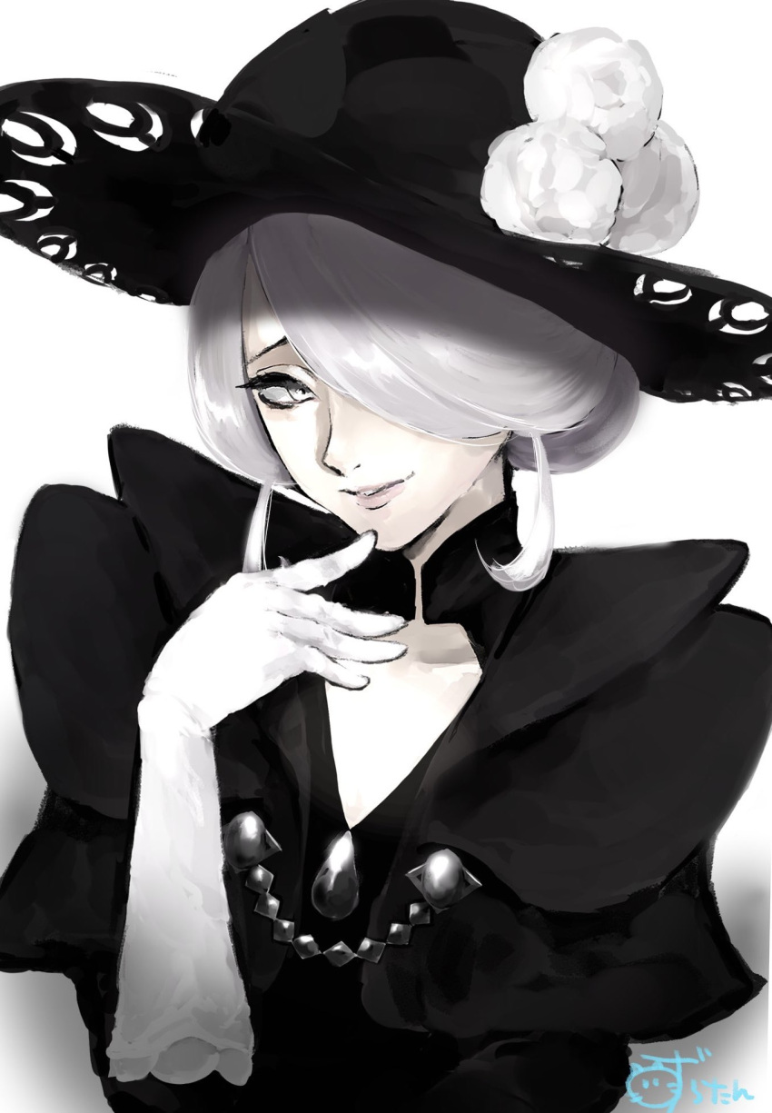 1girl, black_hat, cogita_(pokemon), commentary_request, elbow_gloves, eyelashes, flower, gloves, grey_eyes, grey_hair, hair_over_one_eye, hat, hat_flower, highres, ibrahimovic190, lips, mature_female, pokemon, pokemon_legends:_arceus, short_hair, sidelocks, signature, simple_background, smile, solo, white_background, white_gloves, wide_brim