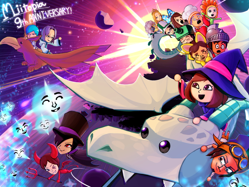>_<, >_o, 6+boys, 6+girls, :>, afro, animal_costume, animal_ears, anniversary, aqua_bow, aqua_hair, ball_hands, bandaged_wrist, bandages, bandana, black_cape, black_hair, black_hat, blonde_hair, blue_hat, blue_robe, bodysuit, bow, brown_eyes, cape, cat_(miitopia), cat_boy, cat_costume, cat_ears, cat_tail, character_name, chef_(miitopia), chef_hat, cleric_(miitopia), closed_eyes, closed_mouth, commentary_request, disembodied_face, dominic_(miitopia), dragon, everyone, facial_hair, fake_animal_ears, fake_horns, fake_tail, fake_wings, flower_(miitopia), flying, glasses, goatee, goggles, goggles_on_headwear, great_sage_(miitopia), green_bodysuit, grey_hair, griffin, griffin_(miitopia), hair_bow, hair_intakes, hair_over_one_eye, hat, helm, helmet, highres, holding, holding_pitchfork, hood, hood_down, hooded_robe, horns, imp_(miitopia_class), long_hair, long_sleeves, mage_(miitopia), medium_hair, mii_(nintendo), miitopia, monocle, multiple_boys, multiple_girls, mustache, nightender43948, one_eye_closed, open_mouth, orange_bandana, pitchfork, polka_dot, polka_dot_bow, pop_star_(miitopia), princess_(miitopia_class), reborn_(miitopia), red_bodysuit, red_eyes, riding, riding_dragon, robe, round_eyewear, scientist_(miitopia), smile, sweatdrop, tail, tank_(miitopia), teeth, thief_(miitopia), tiara, top_hat, upper_teeth_only, vampire_(miitopia), warrior, waving, white_hat, wings, witch_hat