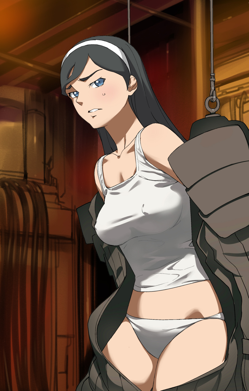 absurdres, alien_(movie), black_hair, blue_eyes, blush, breasts, erect_nipples, hairband, highres, kumashiro_maya, long_hair, midriff, panties, parody, seikimatsu_occult_gakuin, solo, sweat, tank_top, taut_shirt, underwear, white_panties