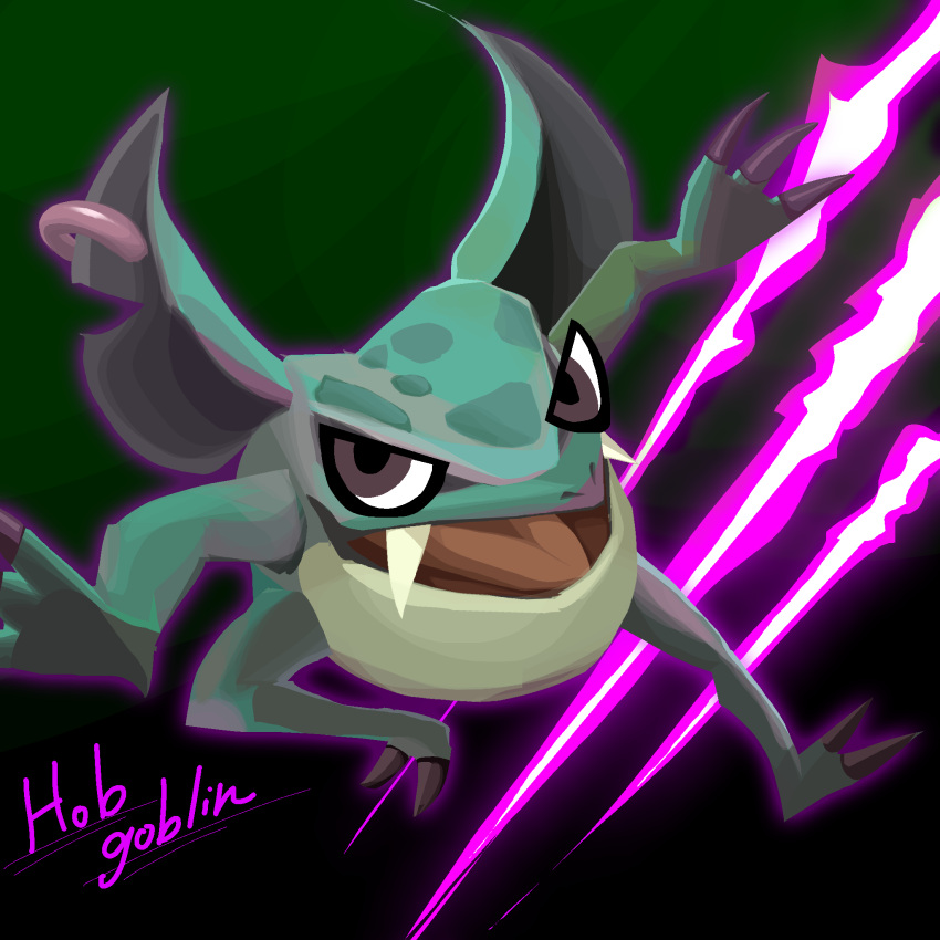 character_name, claws, commentary_request, creature, creature_focus, ear_piercing, fangs, full_body