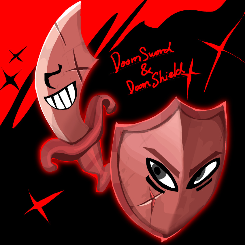 animate_object, character_name, commentary_request, doom_shield_(miitopia), doom_sword_(miitopia), full_body, grey_eyes, grin