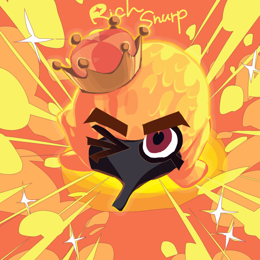 >_o, brown_eyes, character_name, commentary_request, creature, creature_focus, crown, full_body