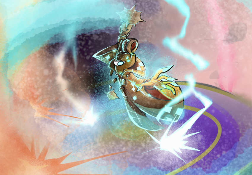 amulet, aqua_eyes, arm_up, bright_pupils, commentary_request, electricity, full_body, gold_robe