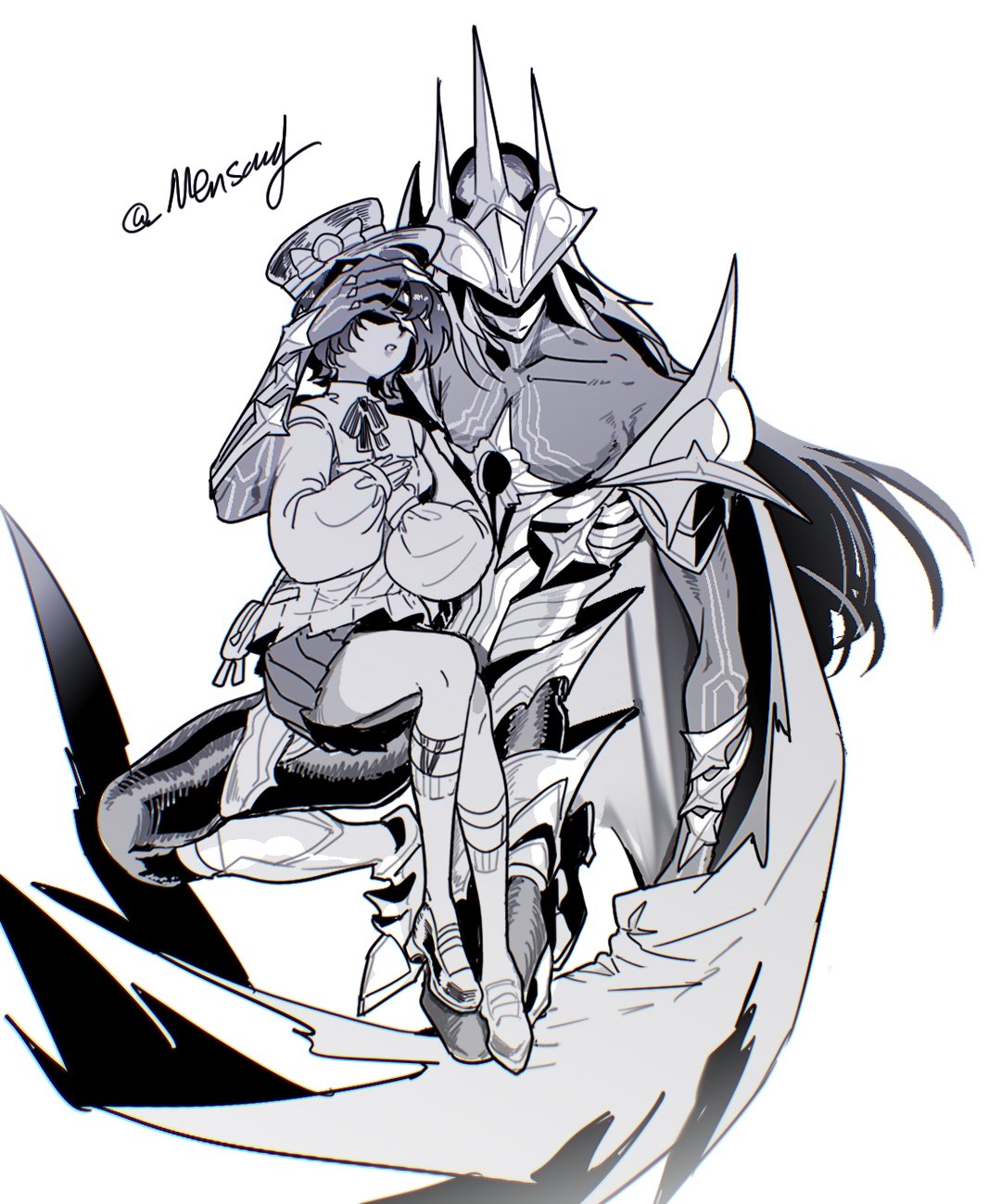 1girl, belle_(zenless_zone_zero), black_skirt, cape, closed_mouth, commentary_request, covering_another's_eyes, greyscale