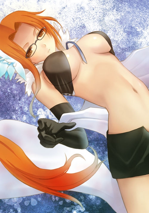 cleavage, devil_survivor_(series), devil_survivor_2, dutch_angle, elbow_gloves, glasses, gloves, hijiri_ruka