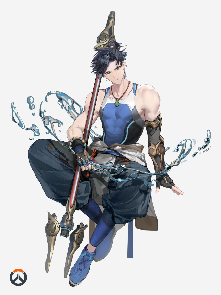 1boy, asymmetrical_gloves, bare_shoulders, biceps, black_hair, blue_tank_top, clothes_around_waist, commentary