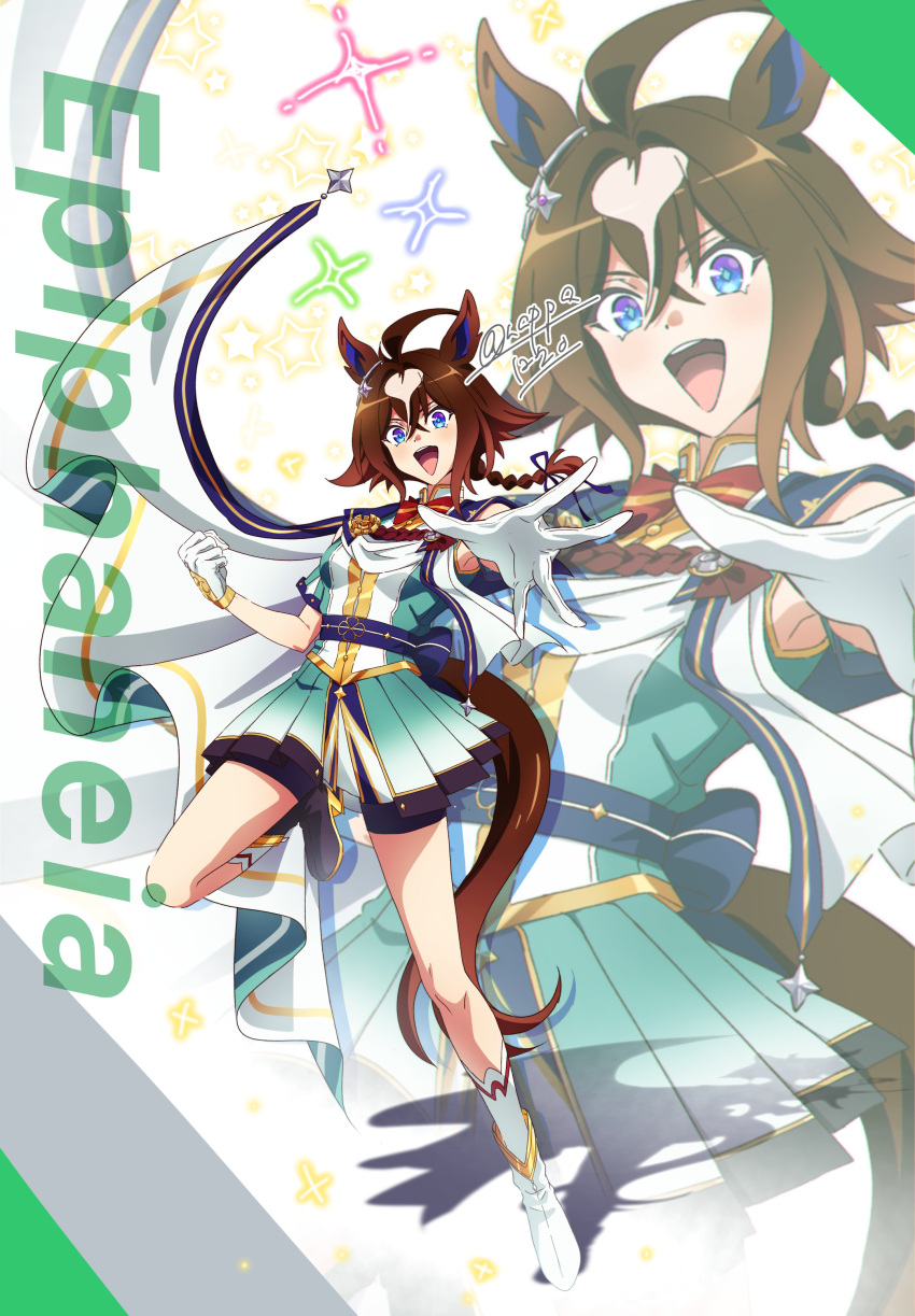 absurdres, ahoge, animal_ears, black_shorts, blue_eyes, boots, braid, breasts, brown_hair, character_name, commentary_request, epiphaneia_(racing)_(umamusume), epiphaneia_(umamusume), gloves, hair_between_eyes, highres, horse_ears, horse_girl, long_hair, multicolored_eyes, multicolored_hair, nk-43g, open_mouth, shirt, shorts, shorts_under_skirt, skirt, sleeveless, sleeveless_shirt, smile, socks, streaked_hair, tail, teeth, umamusume, upper_teeth_only, white_boots, white_gloves, white_socks, zoom_layer