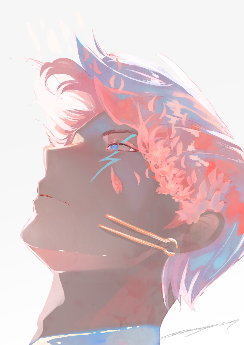 1boy, absurdres, alternate_hair_color, annzu_127, blue_eyes, cherry_blossoms, commentary, dark-skinned_male