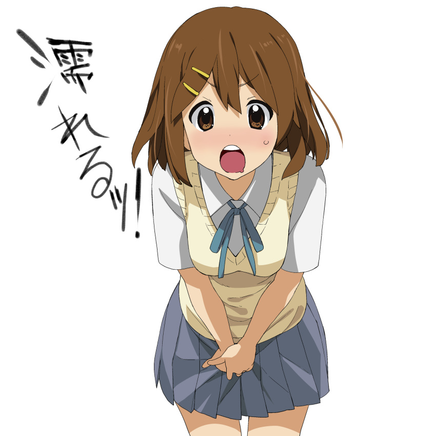 a1, absurdres, blush, brown_eyes, brown_hair, drooling, hair_ornament, hairclip, highres, highschool_of_the_dead, hirasawa_yui, i'm_wet!, k-on!, leaning_forward, open_mouth, parody, pleated_skirt, ribbon, school_uniform, short_hair, simple_background, skirt, solo, sweater_vest, translated, translation_request