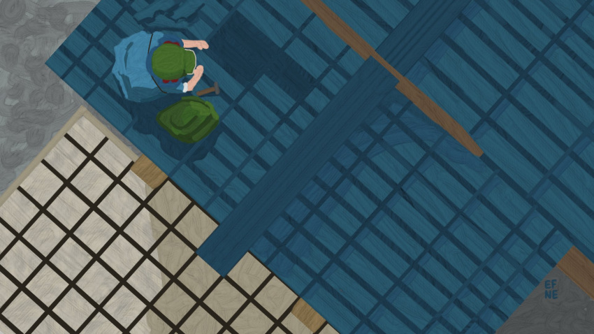 1girl, bag, bird's_eye_view, blue_shirt, blue_skirt, ceiling, commentary, construction