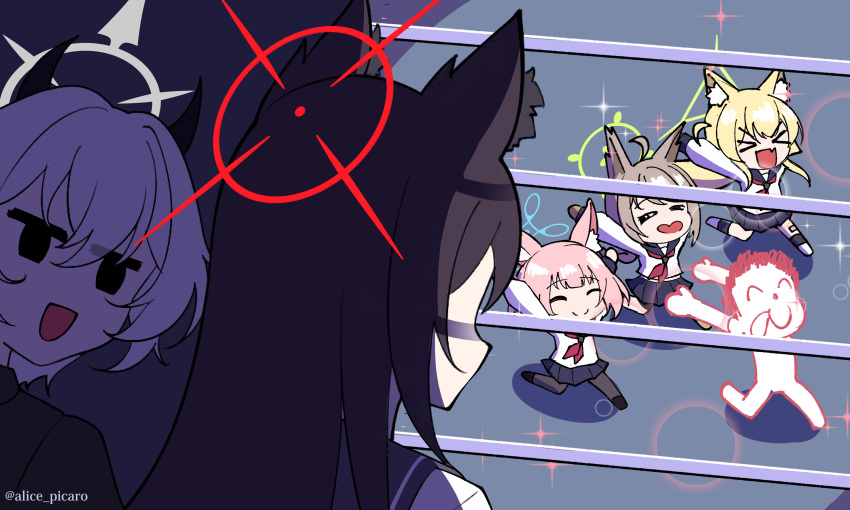 >_<, 1boy, 5girls, :d, absurdres, alice_picaro, animal_ear_fluff, animal_ears