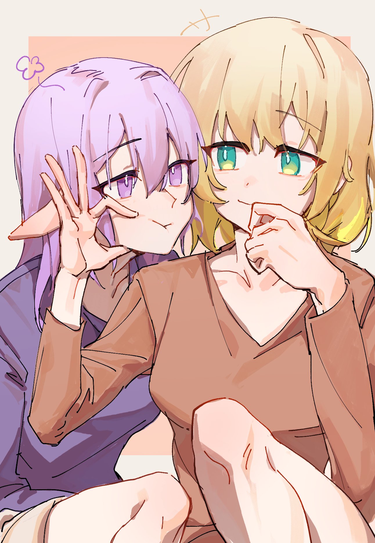 +++, 2girls, :t, aglaea_(honkai:_star_rail), blonde_hair, brown_shirt, castorice_(honkai:_star_rail), cheek_pinching, chinese_commentary, collarbone, commentary_request, face-to-face, green_eyes, gskrika, highres, honkai:_star_rail, honkai_(series), long_sleeves, looking_at_another, medium_hair, multiple_girls, pinching, pointy_ears, purple_hair, purple_shirt, shirt, smile, violet_eyes, yuri