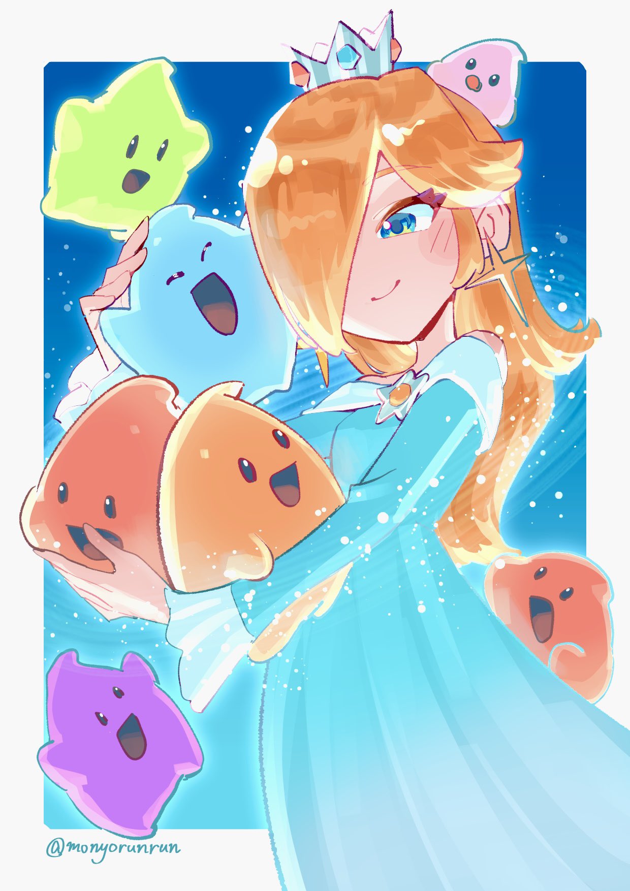 1girl, bare_shoulders, blonde_hair, blue_background, blue_dress, blue_eyes, blue_luma, border