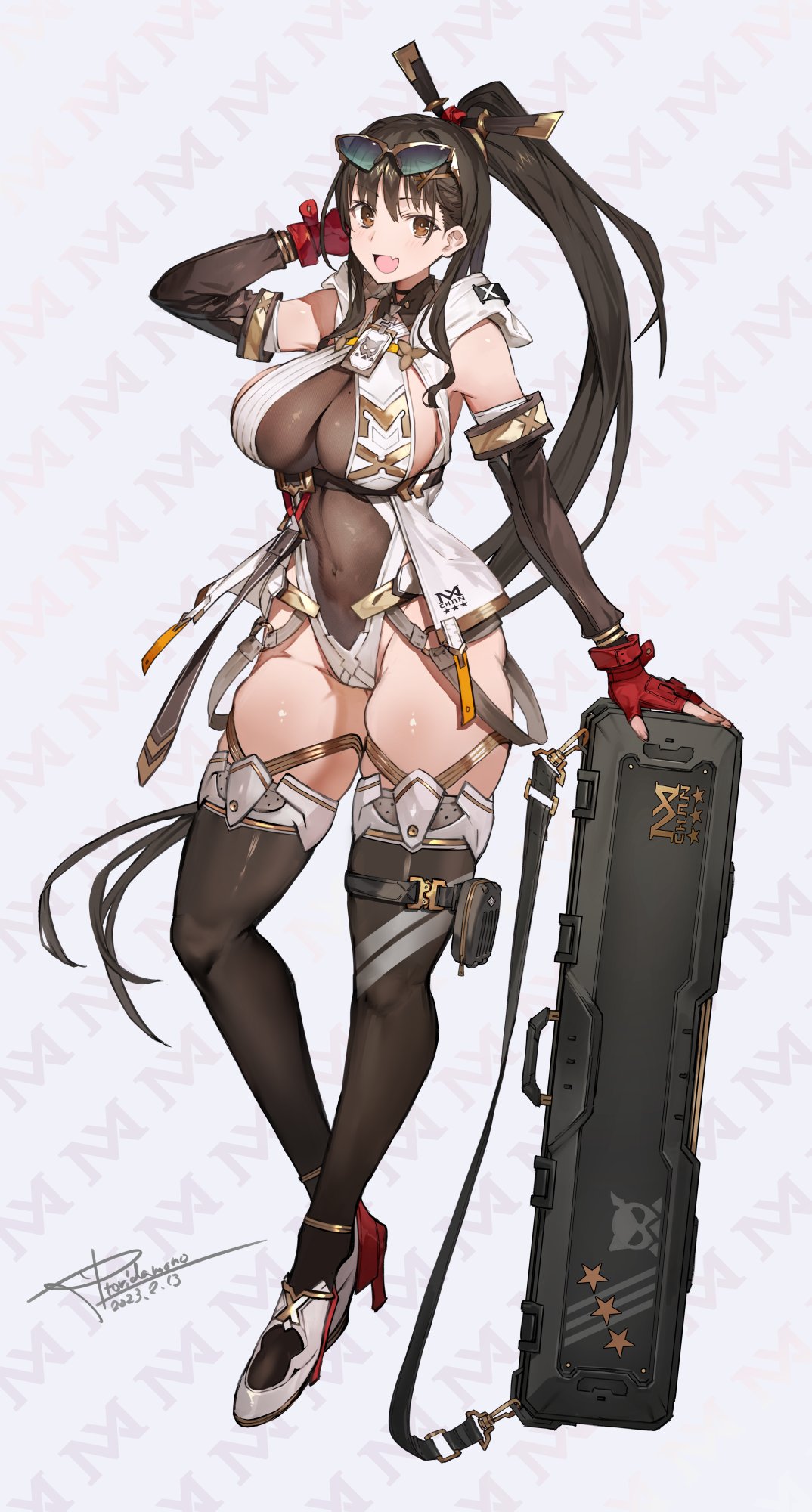 1girl, arm_behind_head, bare_shoulders, black_hair, black_thighhighs, breasts, brown_eyes, commentary_request