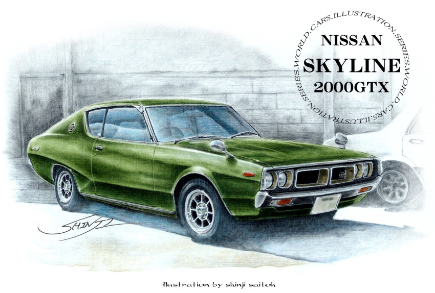 artist_name, car, colored_pencil_(medium), commentary_request, day, green_car, highres, motor_vehicle