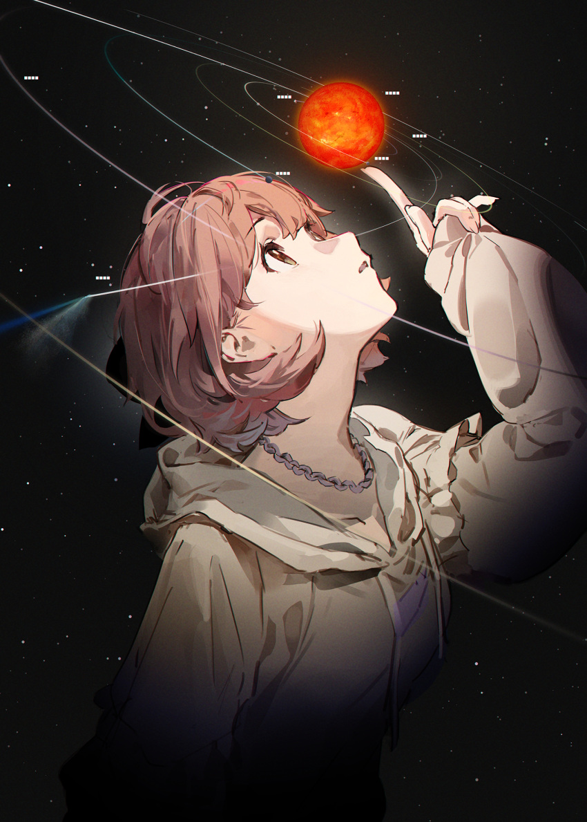1girl, :o, arm_at_side, brown_eyes, brown_hair, brown_jacket, chain, chain_necklace