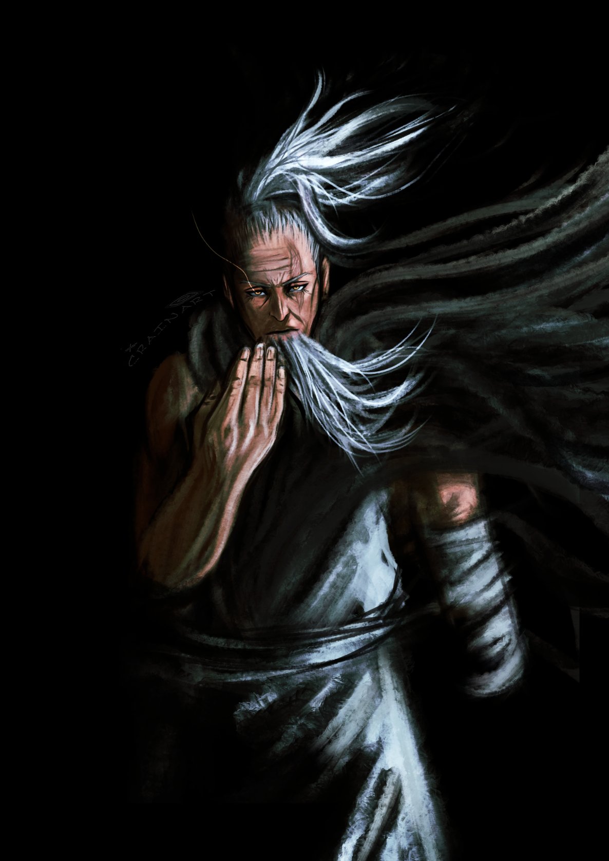 1boy, aged_up, amputee, artist_name, bandaged_arm, bandages, beard, black_background, commentary, cowboy_shot, crain1art, english_commentary, facial_hair, hand_up, highres, jujutsu_kaisen, long_beard, long_hair, looking_at_viewer, male_focus, old, old_man, ponytail, scar, scar_across_eye, scar_on_face, scarf, todo_aoi_(jujutsu_kaisen), yellow_eyes