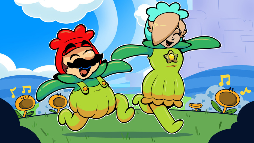 1boy, 1girl, absurdres, closed_eyes, day, facial_hair, flower_costume, flower_mario